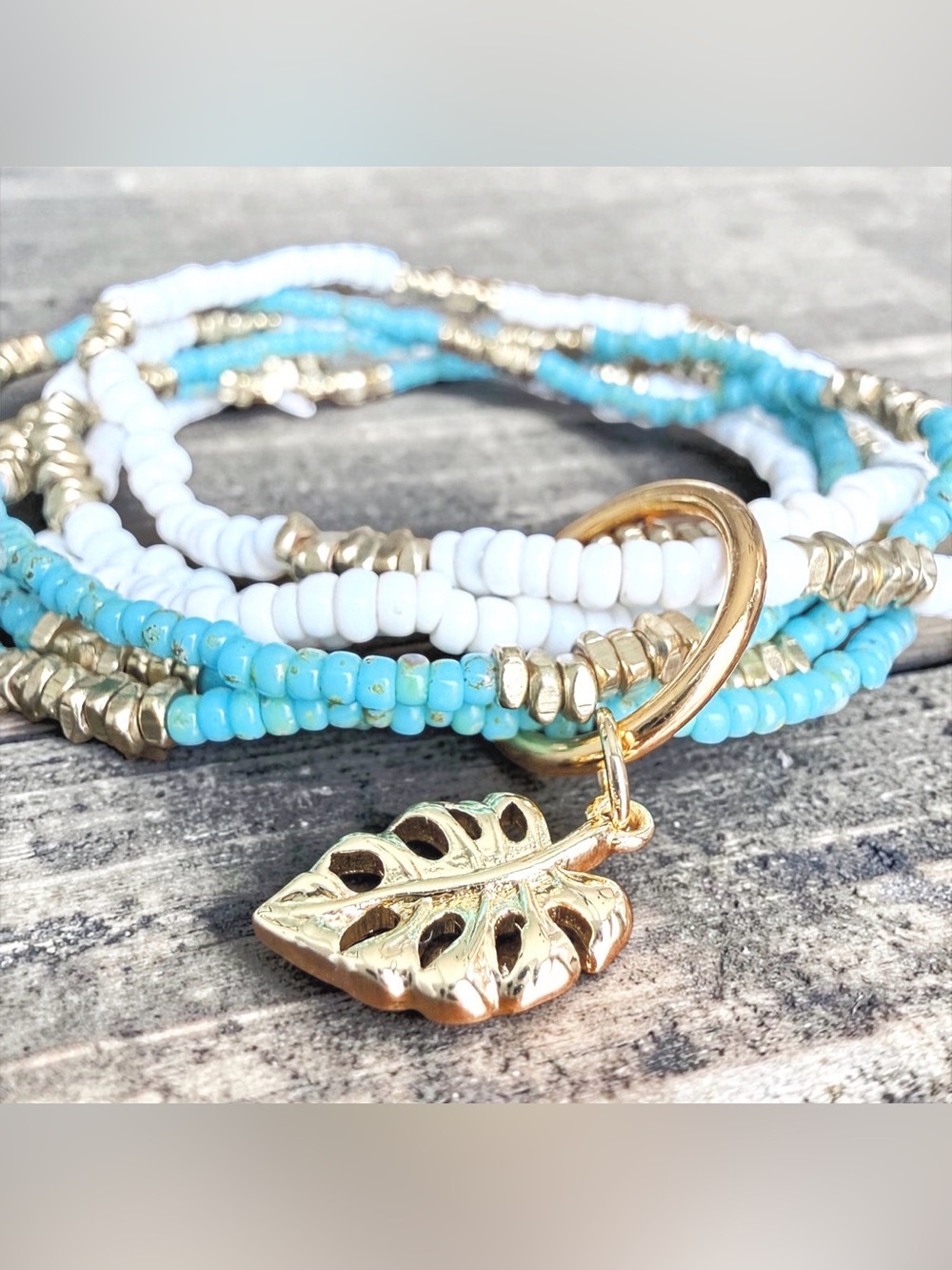 Turquoise & White Beaded Leaf Charm Bracelet - Gold Accent